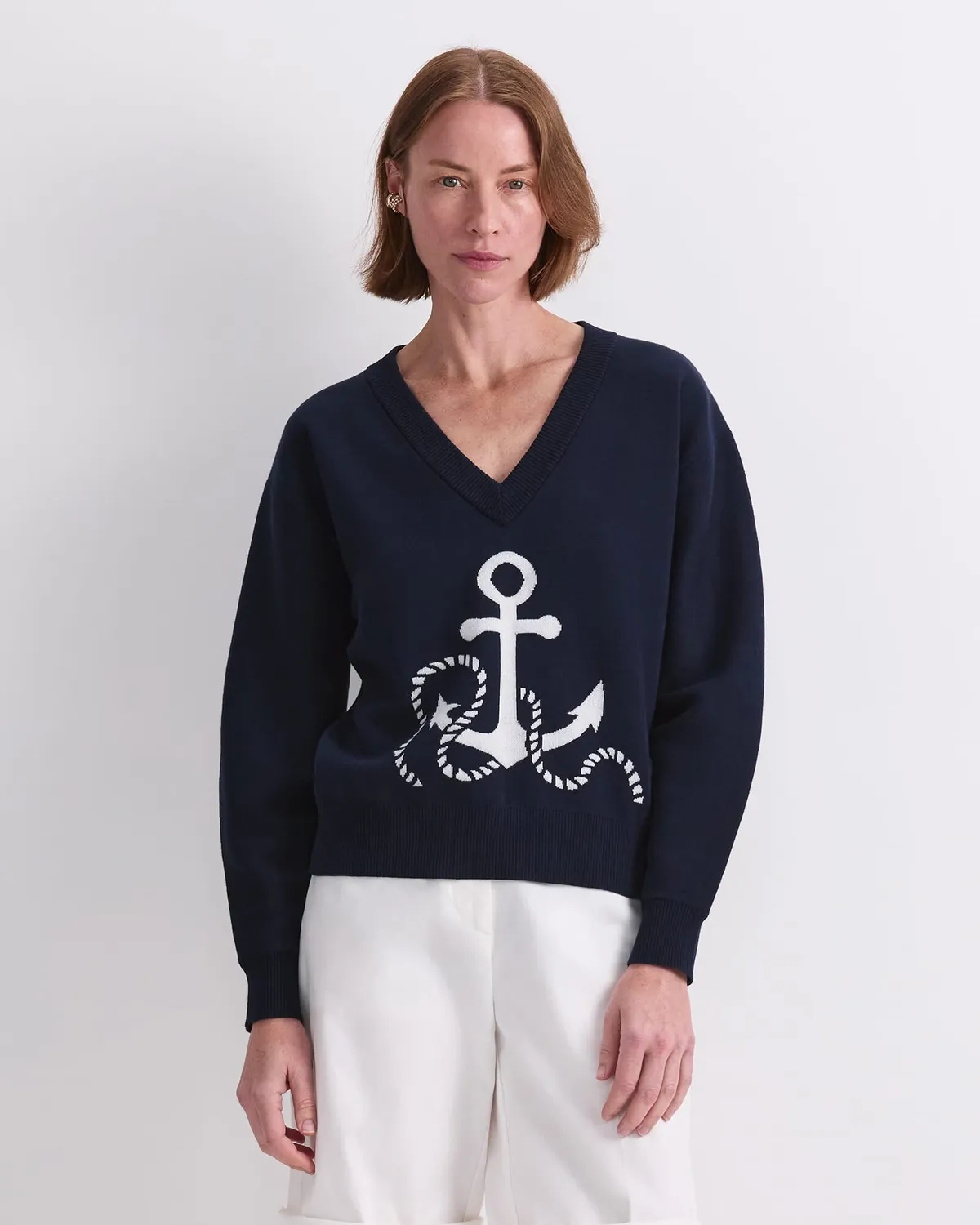 Sportscraft Anchor maglione cotone jacquard scollo V