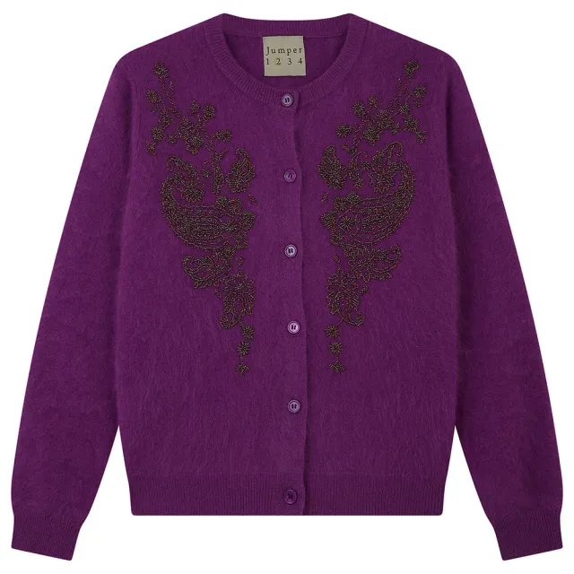 Jumper 1234 Beaded Paisley cardigan lana viola con perline