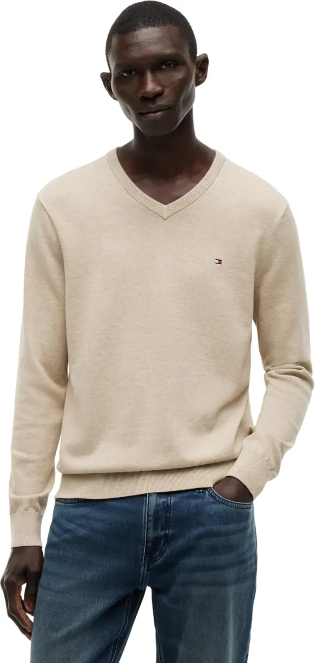 Tommy Hilfiger Essential Cotton pullover uomo beige scollo V S