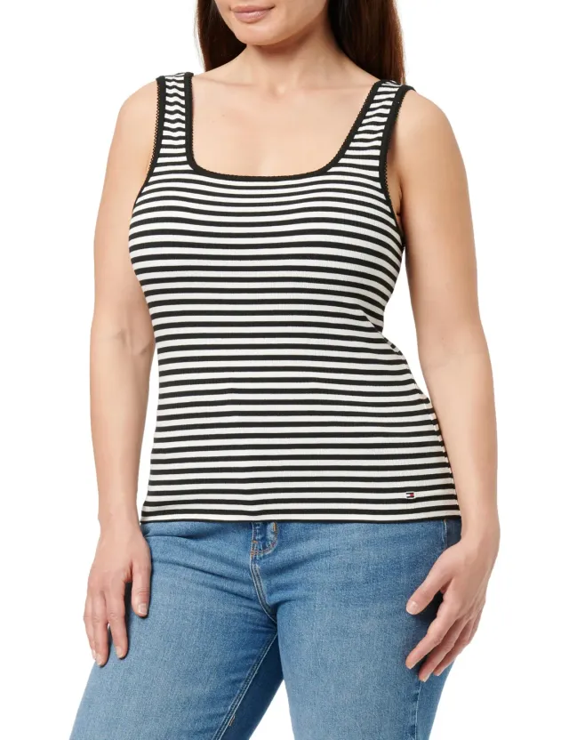 Tommy Hilfiger Slim Canotta a Costine Ecru/Black M
