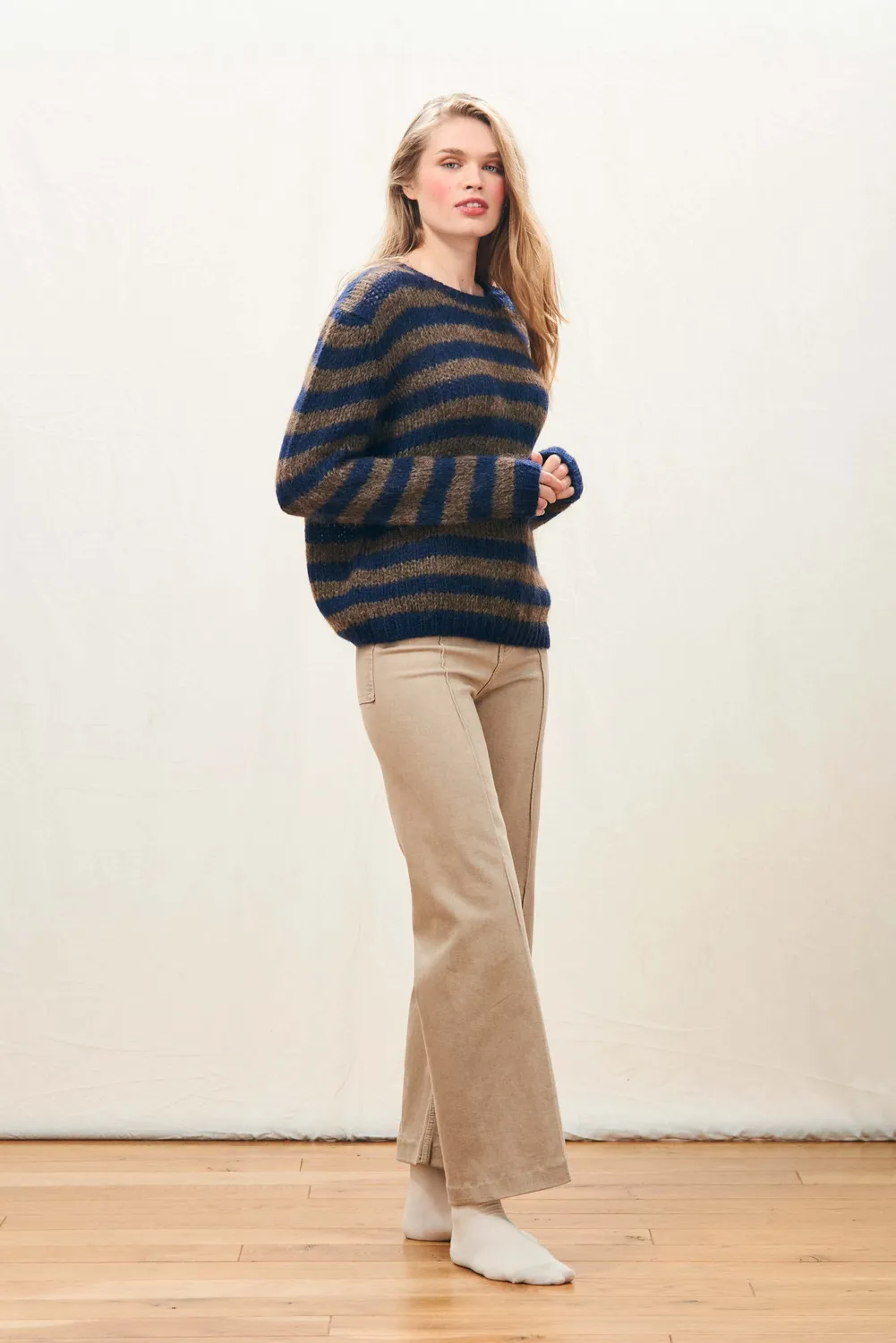 Jumper 1234 Hand Knit Stripe Crew maglione navy cioccolato