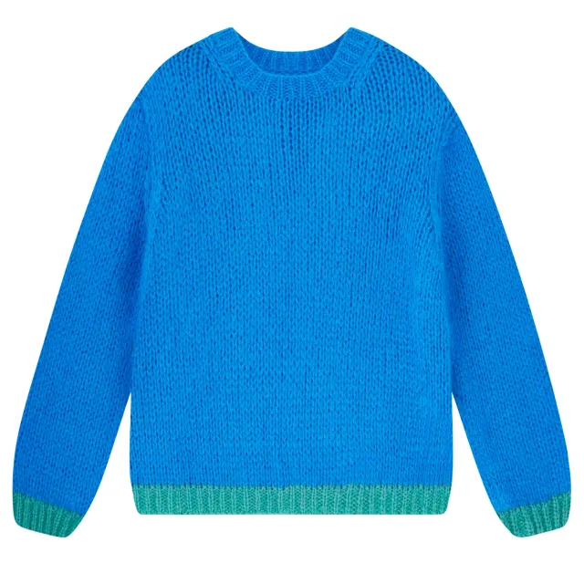 Jumper 1234 Hand Knit Tipped Crew maglione blu verde mohair