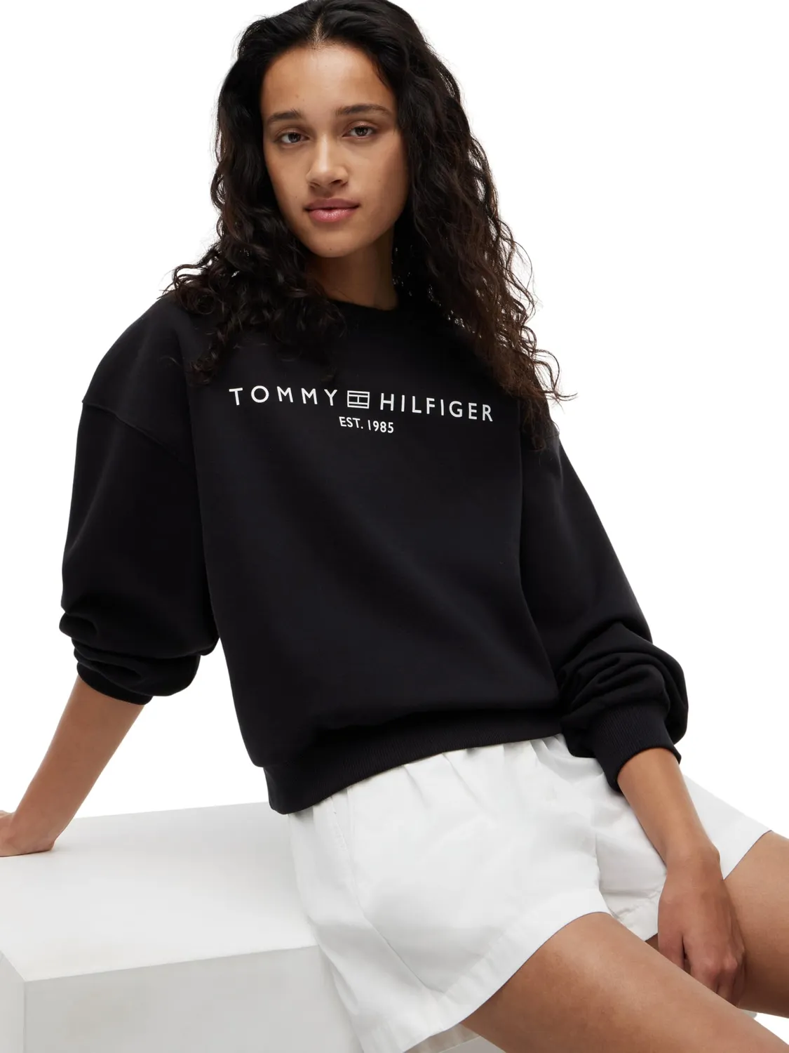 Tommy Hilfiger Corp Logo WW0WW47831 felpa donna nera girocollo